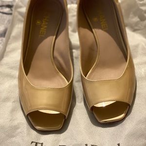 Chanel Cream Patent Leather Peep Toe Pump